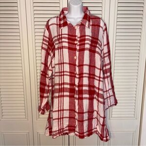 FLAX Tunic Shirt Dress Sz L Red White Plaid 100% Linen Button Up Pockets Spring